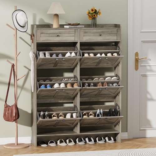 Thacuok Shoe Cabinet with 6 Flip Drawers & 2 Storage Drawers, Rustic Farmhouse Narrow Shoe Organizer Cabinet, Slim Shoe Rack Cabinet, Shoe Storage Cabinet for Entryway, Hallway, Front Door - color: Grey, size: 6 Drawers