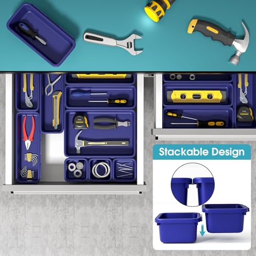 33 PCS Drawer Organizer Set, 4 Size Makeup Drawer Divider Organizer With Non-Slip Pads, Interlocking Plastic Storage Bins for Office,Jewelry Vanity,Gadgets, Bathroom,Kitchen, Navy - color: Navy, size: 33Pack
