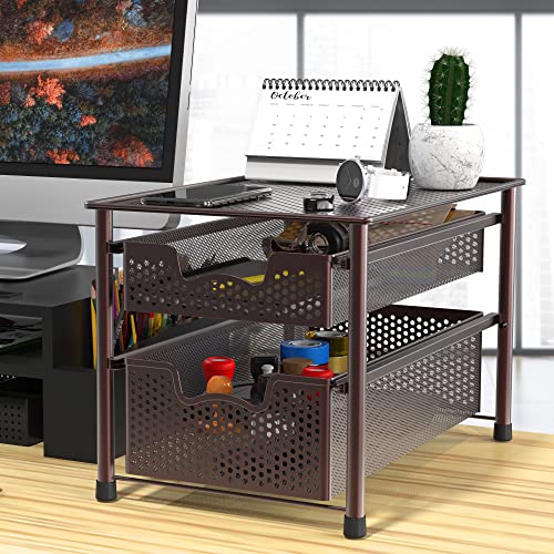 Simple Houseware Stackable 2 Tier Sliding Basket Organizer Drawer, Bronze - color: Bronze, size: 2-Tier