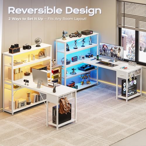 PRAISUN 57 Inch L Shaped Gaming Computer Desk with Larger Open Cabinet, Reverisble Office Desk with Power Outlets, LED Lights, Work Desk, Fabric Drawer, Adjustable Wood and Mesh Shelf, White - color: White