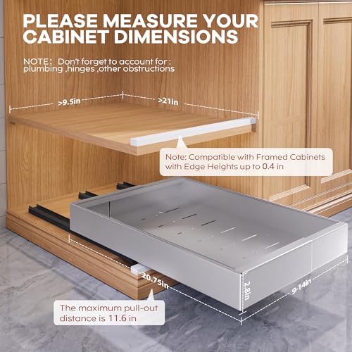 Seinloes 2 Pack Expandable Width (9"-14.1") Pull Out Cabinet Organizer 21" Deep with Raising Pad for Framed Cabinets, Upgrade 3 Slide Rails Slide Out Drawers, Roll Out Shelves Adhesive, Silver - color: Silver, size: 21"D x 9"-14.1"W(2Pack)