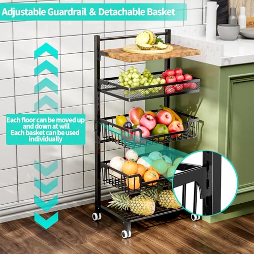 HapiRm Fruit Basket Kitchen Cart - 5 Tier Adjustable Vegetable Storage Rack, Large Capacity Rolling Kitchen Carts on Wheels for Snack Onion and Potato Storage - size: 5 Tier - Standard