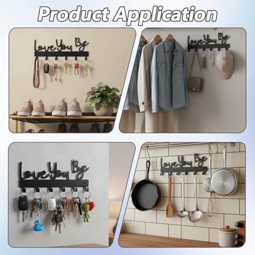 Key Holder Wall Mount, Large 'Love You.Bye' Entryway Organizer with 5 Hooks,Black Metal Key Hanger —No Drill Adhesive for Home Wall Decor（Type 2）