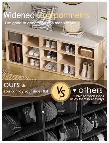 DINZI LVJ Shoe Storage Bench with Cushion, 15-Cubby Shoe Rack, Adjustable Shelves, Long Shoe Organizer Bench for Entryway, Mudroom, Hallway, Living Room, Bedroom and Garage, Natural - color: Natural, size: 15 Cubby