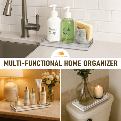 Bathroom Vanity Tray for Countertop, 12" x 6" Oak Wood Toilet Tank Tray with Metal Guardrail, Bathroom Organizer for Soap, Perfume & Skincare, Non-Slip Decorative Tray for Dresser, Sliver & White - color: Silver, size: 12" x 6" x 1.5"