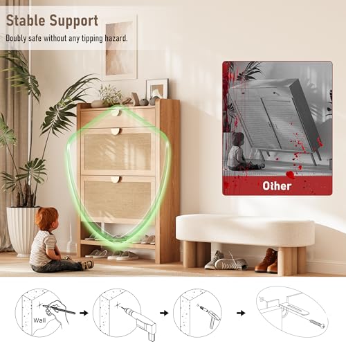 INNOD Rattan Shoe Storage Cabinet, Shoe Organizer with 2 Flip Drawers, Narrow Shoe Cabinet, Free Standing Hidden Shoe Storage, Shoe Rack for Entryway/Hallway/Closet, Natural Oak