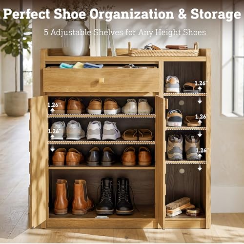 STO'SENSE Large Shoe Cabinet with Doors, 8-Tier Shoe Storage Cabinet with Drawer & 4 Side Cubbies & 5 Adjustable Shelves, 47" Tall Shoe Rack Organizer Cabinet for Entryway, Hallway (Original Oak) - color: Original Oak