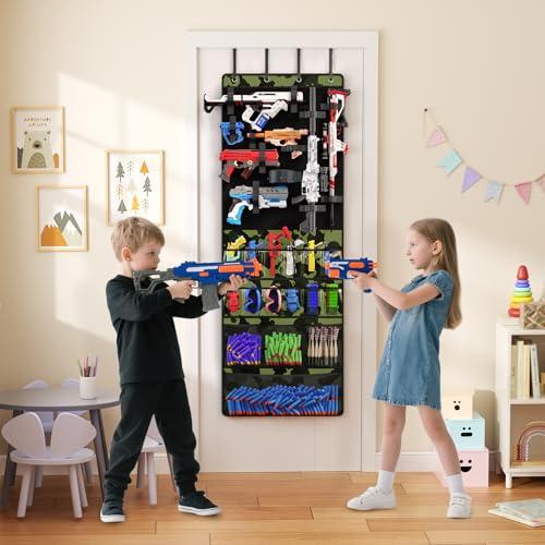 Mefirt Over the Door Organizer for Toy Guns, Toy Gun Storage Organizer with Pockets and Slots for Kids Foam Blasters, Darts, Goggles, Over Door Toy Storage Hanger for Kids Rooms, Game Rooms, Green - color: Green