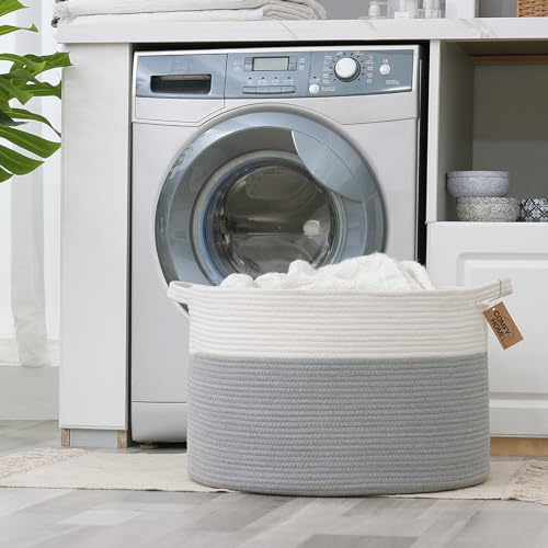 COMFY-HOMI XXXL Large Laundry Basket, Cotton Rope Nursery Woven Basket for Storage, Blanket Baskets Living Room Laundry Hamper, Dog Toy Storage Organizer, Home Decor-21''x21''x13.6''-White/Grey - color: grey