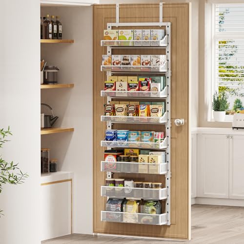 POKIPO Over the Door Pantry Organizer 8-Tier, Large Metal Door Spice Rack with Adjustable Basket, 2 in 1 Wall Mount or Hanging Heavy-Duty Pantry Door Storage Shelf for Kitchen and Bathroom, White - color: White