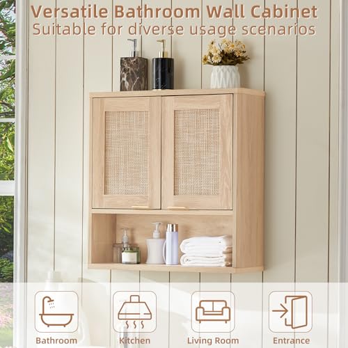 LEYAOYAO Rattan Bathroom Wall Cabinet, Boho Medicine Cabinet with Adjustable Shelf & Doors, Over The Toilet Storage Cabinets Organizer for Laundry Room, Kitchen, Living Room, Natural - color: Natural, size: 7.7"D×23.5"W×24"H