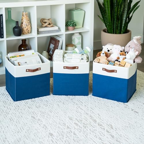 OrganiHaus 13" x 13" x 13" Cube Fabric Storage Bins Set of 4, Fabric Storage Cubes w/ Vegan Handles, 13 inch Collapsible Bins for Clothes & Toy Organizer, 13x13 Basket for Decor - Navy Blue - color: Navy Blue Base / Off-White, size: (13x13) Leather Handle