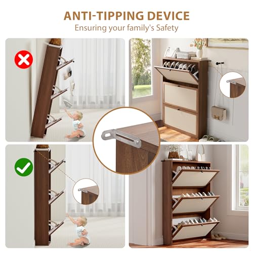 31.5" Mid-Century Slim Narrow Shoe Storage Cabinet for Entryway, Hidden 3 Tier Wood Shoe Storage Organizer with Non-Divider Flip Drawer for Hallway, Living Room,Apartment (Walnut) - color: Linen-walnut, size: 3-Drawer-No Divider