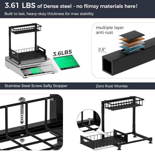 L-Shaped Under Sink Organizer, 2 Pack 2-Tier Pull Out Metal Kitchen Cabinet Organizer with Sliding Storage Drawer, Height Adjustable Heavy Duty Under Bathroom Sink Storage for Cleaning Supplies - color: Black V2.0, size: 2 Pack