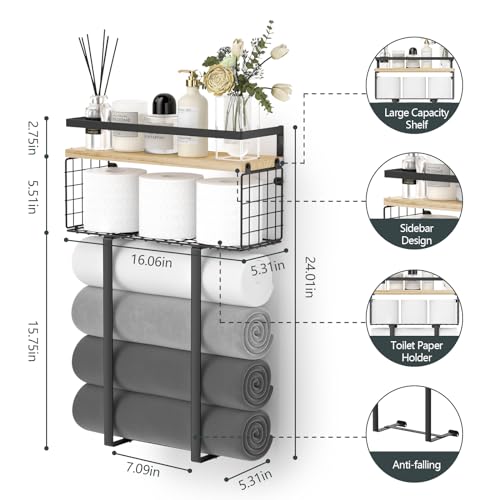 Xstydes Towel Racks for Bathroom, Metal Towel Holder with Storage Basket,Wall Towel Rack for Rolled Towels, Towel Storage for Small Bathroom. - color: Wood, size: Large