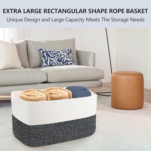 MEGASKET Extra Large Toy Box, 22" x 17" x 12" Rectangle Blanket Basket Living Room, Woven Cotton Rope Baskets for Storage, Soft Toy Storage Organizer Bin Chest, Kids Toy Box fo Living Room - color: White & Black Stripe