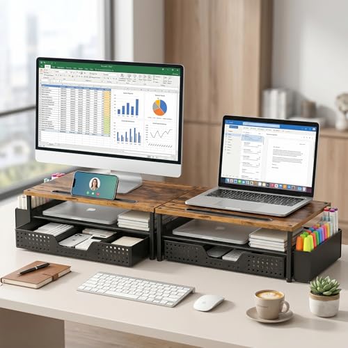 Desk Organizer and Accessories, 2-Tier Computer Monitor Stand Rise with Phone Holder, Drawer & 2 Pen Holders, Laptop & Printer Stand for Desktop, Workspace Organizers for Office Supplies (Brown Wood) - color: Brown Wood