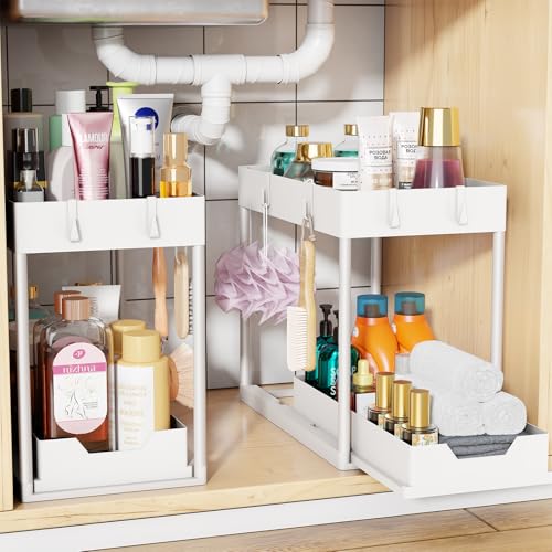 Simple Trending Under Sink Organizer 2 Pack, Sink Pull-Out Sliding Storage Cabinet, 2-Tier Under Shelf Organizer for Kitchen Bathroom, White - color: White, size: 2 pack
