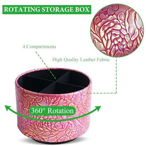 Round Leather Art Supply Organizer,Remote Control Holder,360 Degree Spinning,Multi-Functional Pencil Holder,4 Compartments Desktop Stationary Organizer(1-Rich Flower Pink) - color: 1-Rich Flower Pink