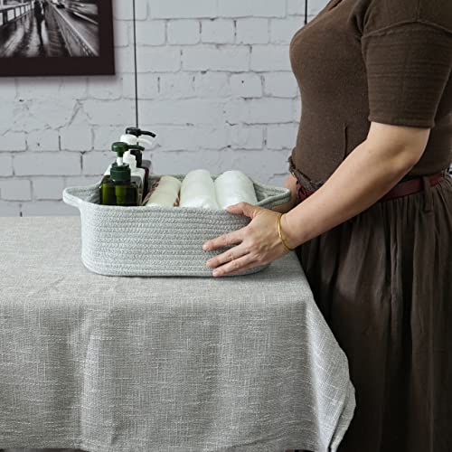 Woven Cotton Rope Storage Basket with Handles for Organizing Shelves Closet Small Cat Dog Pet Toy Baskets Box Bin Decorative Rectangle Baby Nursery basket Gift basket Empty(light grey) - color: light grey