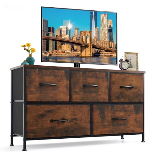5-Drawer Dresser for Bedroom, Anti-Tip Wide Storage Organizer Fabric Chest of Drawers TV Stand for 45" TV with Wooden Top and Metal Frame for Closet, Living Room, Hallway, Entryway, Brown - color: Brown, size: 11.8"D x 39.4"W x 20.9"H (5 Drawers)