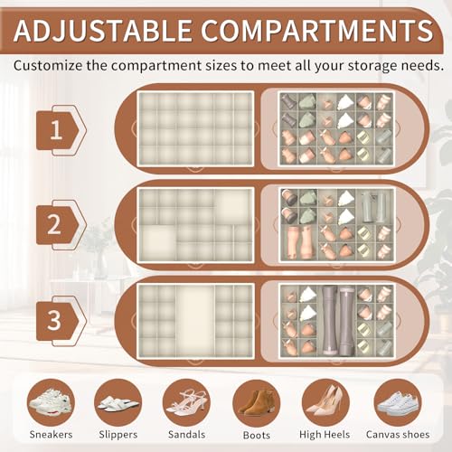 Foyego Shoe Organizer for Closet, Shoe Storage Organizer with Wheels and Adjustable Dividers, Stackable Shoe Storage Box with Clear Cover, Foldable Closet Shoe Organizer Fits up to 24-48 Pairs, Beige - color: Beige, size: 25 ½"L x 17"W x 12 ½"H