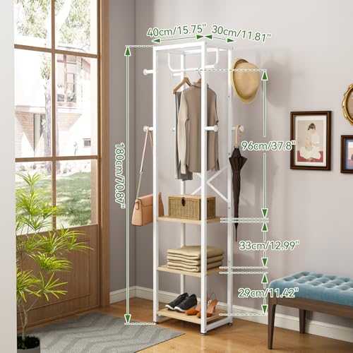 IBUYKE Coat Rack with Shelves, Freestanding Hall Tree with 3 Shelves and 8 Hooks, Industrial Clothes Stand for Entryway, Hallway, Bedroom, Natural UTMJ088R - color: Natural