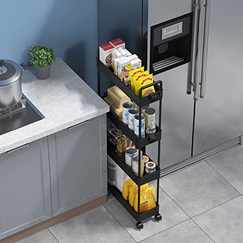 SOLEJAZZ Slim Rolling Storage Cart with Wheels 4 Tier Skinny Bathroom Storage Organizer Narrow Shelf Unit Thin Laundry Room Utility Cart for Bedside Kitchen Office Next to Fridge Small Places, Black - color: Black, size: 4-Tier, 4.76"D
