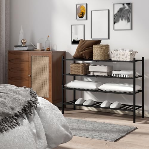 Long Shoe Rack, 4-Tier Bamboo Stackable Shoe Shelf Storage Organizer, Shoe Stand for Closet, Entryway and Hallway(Black) - color: Black, size: 4-Tier-Long