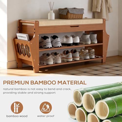 oakvivo 34.3in Shoe Bench, Bamboo 3-Tier Entryway Bench with Storage, Shoe Rack Organizer Holds Up to 330 lb, 34.3 x 11.8 x 18.9 Inches for Entryway Bedroom Closet Living Room Hallway - size: 34.3 inch