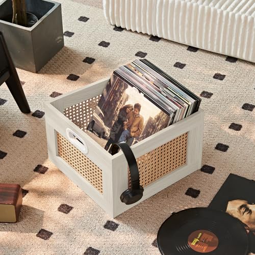 LELELINKY Vinyl Record Storage Crate, Rattan Vinyl Record Holder with Handle, Wood Record Crate for Vinyls Holder up to 75 LP's, Desktop Cube Album Storage for Vinyls Records(Grey White) - color: Grey White, size: 1 Pack