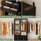 Besiost Closet System, 4.2–8.8 FT Closet Organizer with 2 Wooden Drawers and Shelves, Walk-in Closet System with 5 Hang Rods, Built-in Reach in Closet Tower, Can Fit 60 to 96 inch, Black - color: Black