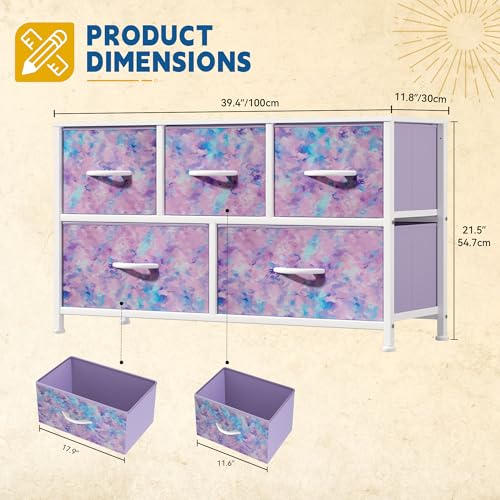 DWVO Dresser with 5 Drawers - Fabric Storage Tower, Organizer Unit for Bedroom, Living Room, Closets - Sturdy Steel Frame, Wooden Top (Purple) - color: Purple, style: 5-Drawer