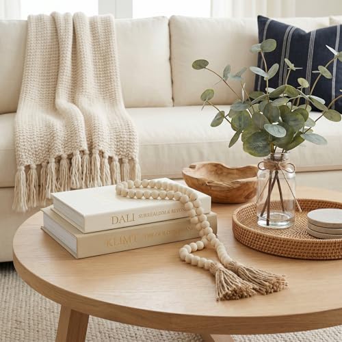 Decorative Fake Books Storage Set - 3-Piece Linen Coffee Table Decor (2 Faux Books + 1 Wood Bead Garland), Neutral Boho Japandi Room Styling Props for Bookshelf & Entryway (Khaki/Off-White) - color: Khaki-White(with bead garland)