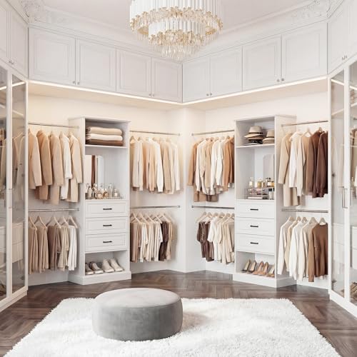 Unikito Closet System, 4FT - 9FT Closet Organizer with Mirror, Luxury Walk in Closet Insert with Drawers and 4 Hanging Rods, Sturdy Wood Wardrobe Closet Garment Rack with 25” Tower, White - color: White