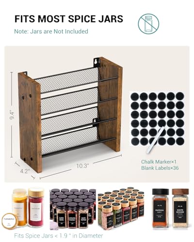 NESAPTO Spice Rack Organizer for Cabinet, Wooden 4 Tier Vertical Seasoning Organizers for Kitchen Pantry, Countertop/Wall Mount, Holds 20 Spice Jars (No Jars Included),10.3" W × 9.4" H - size: Holds 20 Jars, 10.3"W × 9.4"H