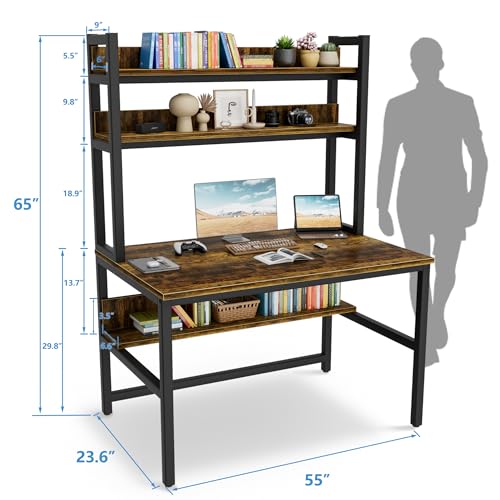 Aquzee Computer Desk with Hutch Bookshelves, 55 Inch Home Office Writing Desk with Space Saving Design, Gaming Table Organized Desk with Storage Shelves Bookshelf Easy Assemble, Rustic Brown - color: Brown, size: 55inch