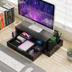Simple Trending Wood Monitor Stand Riser with Drawer and Pen Holder, Desk Organizer for Home Office, Black