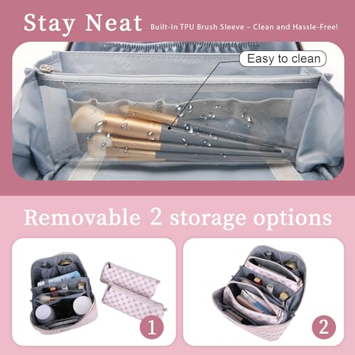 BOYATU Travel Makeup Bag Cosmetic Bags for Women: 3 Pcs Set Large Capacity Make up Bag with Handle - Vegan Leather Toiletry Bags with Compartments - Makeup Organizer for Travel Essentials(A-3-Pink) - color: A-3-Pink