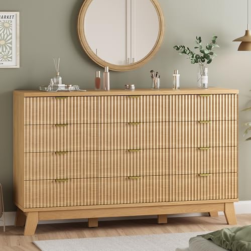 Fluted Dresser for Bedroom with 12 Drawers, 57" Wide Modern Chest of Drawers with Metal Handle, Wooden Dresser TV Stand, Wood Closet Clothes Storage Organizer for Living Room, Hallway, Natural Oak - color: Natural Oak, size: 15.6"D x 57.1"W x 34.7"H (12 D
