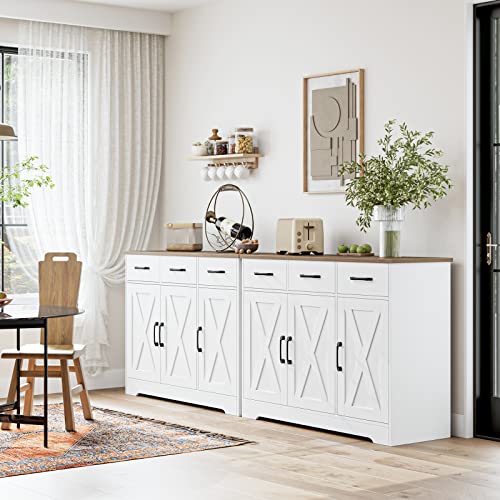 HOSTACK Modern Farmhouse Sideboard Buffet Cabinet, Barn Doors Buffet Storage Cabinet with Drawers and Shelves, Wood Coffee Bar with Storage for Kitchen, Dining Room, Living Room, White - color: White
