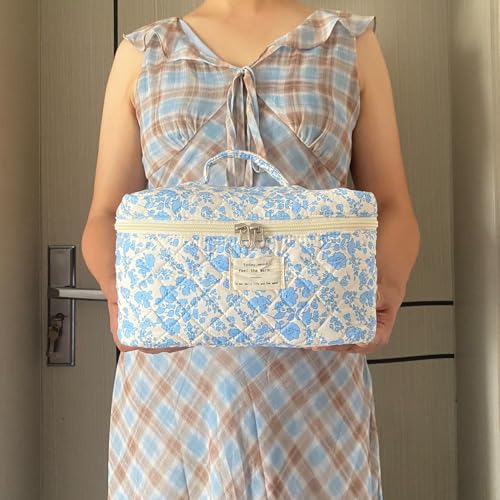 Blue Large Quilted Floral Makeup Bag Cute Soft Coquette Aesthetic Cosmetic Bag Cotton Travel Toiletry Bag for Women - color: A-Blue