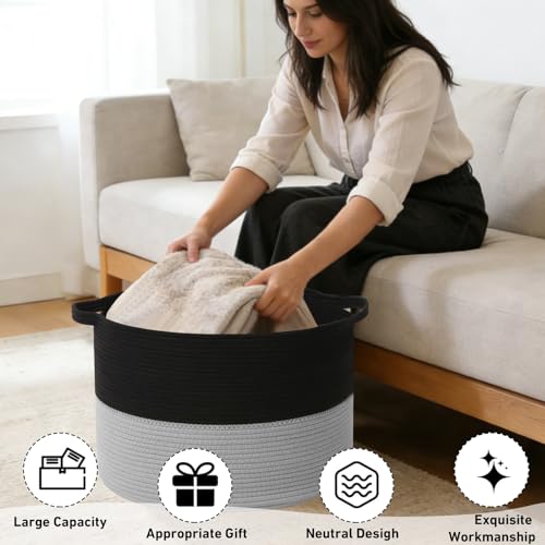 65L Large Blanket Basket, 19.7" L x 19.7" W x 13" H Rope Woven Storage Basket,Laundry Hamper for Toys, Clothes, Pillows,Towels, Perfect for Living Room, Nursery & Bedroom,Black&Light Grey - color: Black&Light Grey, size: 19.7"L x 19.7"W x 13"H(65L)