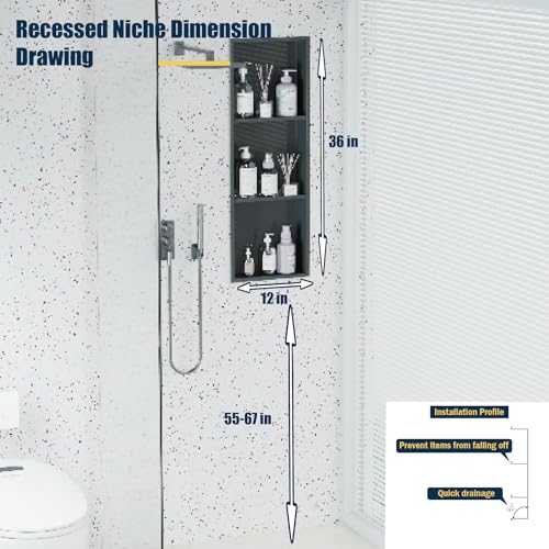 Black Stainless Steel Shower Niche 36" X 12" ，Recessed Shower Shelf for Bathroom Storage，Three-Tier Shelves， Matte Black (Black, 36 * 12 in) - color: Black, size: 36 * 12 in