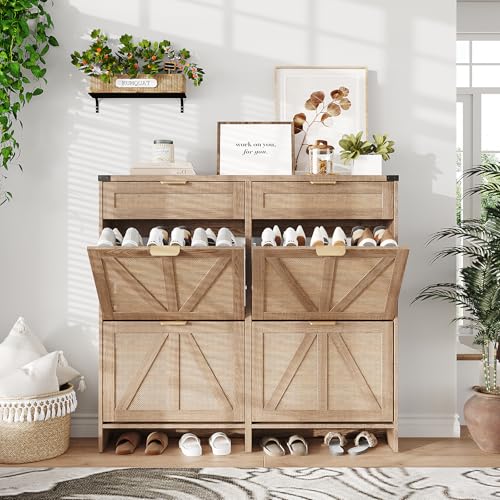 Halitaa Shoe Cabinet with 4 Flip Drawers & 2 Drawers,Farmhouse Shoe Storage Cabinet for Entryway,Slim Freestanding Organizer Rack for Front Door Entrance,Rustic Oak Rattan - color: Rustic Oak Rattan, style: 4-Drawers