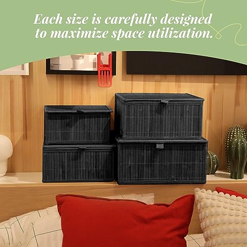 Wicker Basket With Lid Bamboo Storage Box for Shelf Bamboo Decor Storage Boxes With Lids-Rectangle Decorative Basket With Lid Organizer for Bedroom,Living Room (Set of 4,black) - color: Black
