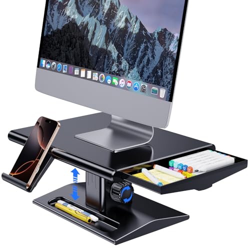 Computer Monitor Stand Riser for Desk,5.7-6.5 Inches Height Adjustable with Storage Drawer & Phone Holder,Workspace Desktop Organizer Monitor Stands Risers Shelf for Computer,Laptop,Printer,TV