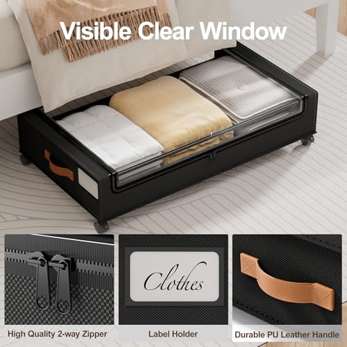 LAMU Under Bed Storage with Wheels, 2 Pack Under Bed Storage Containers with Clear Lid, XXL 60L Underbed Storage Bins, Rolling Under Bed Metal Drawers for Clothes, Blankets, Shoes, Black - color: Black, size: 2 Pack