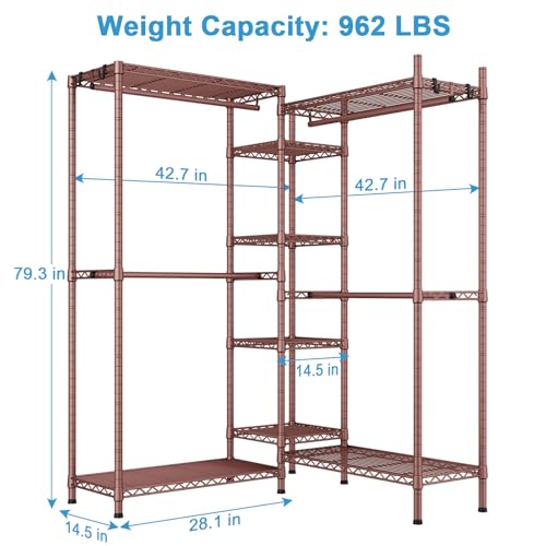 Ulif E4L L-shaped Clothes Rack, Heavy-Duty Garment Rack, Metal Freestanding Clothing Organization Storage System with Shelves and Hangers, Max Load 962lbs, 42.7" W x 42.7" D x 79.3" H, Bronze - color: Bronze