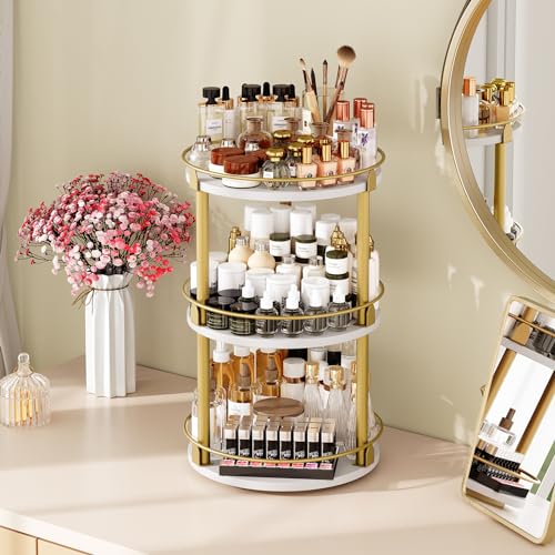 Yatiney 3-Tier Lazy Susan, Rotating Spice Rack, Spinning Organizer, Industrial Turntable Spice Rack for Cabinet, Kitchen Countertop, Pantry, White and Gold SR23DW - color: White + Gold, size: 10.2"L x 10.2"W x 18"H